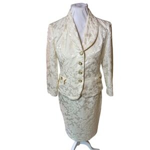 Vintage Desiger 50'sMad Men outfit Cream Floral Brocade Jacket Dress Suit 4P
